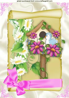 Cute Love Birds in a Bird House on a Scroll with Flowers A4