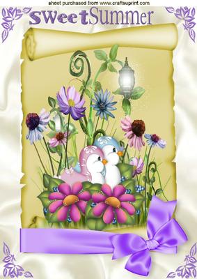 Cute Love Birds in the Flowers on a Scroll with Bow A4