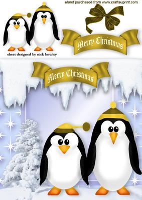 Cute Little Penguins in Gold with Bow