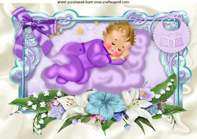 Sweet Baby Girl Sleeping on a Fluffy Cloud with Flowers A4