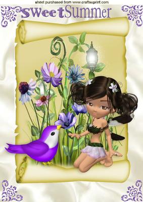 Little Woodland Fairie with Bird on a Scroll of Flower
