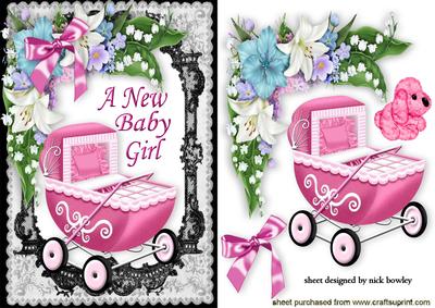 Baby Girls Vintage Pram with Flowers, Puppy and Lace Frame