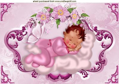 Sleepy Baby Girl on a Pink Cloud with Butterfly A4