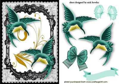 Beautiful Jade Humming Birds in Lace Frame with Butterflies