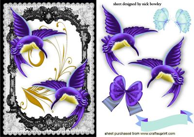 Beautiful Purple Humming Birds in Lace Frame with Butterfly