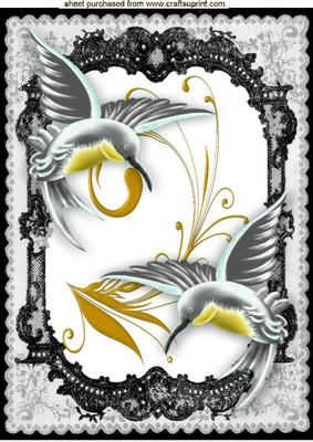Beautiful Silver Humming Birds in Lace Frame A4