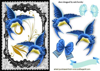Beautiful Blue Humming Birds in Lace Frame