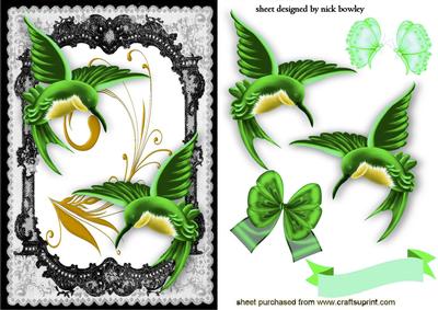 Beautiful Green Humming Birds in Lace Frame