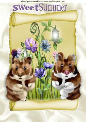 Playful Hampsters with Flowers on a Scroll A4
