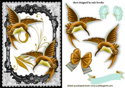 Beautiful Gold Humming Birds in Lace Frame