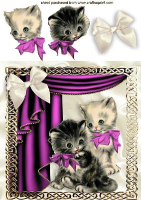 Vintage Kittens in Cerise Ornate Frame with Drapes
