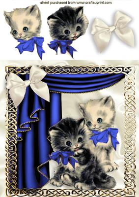 Vintage Kittens in Blue Ornate Frame with Drapes
