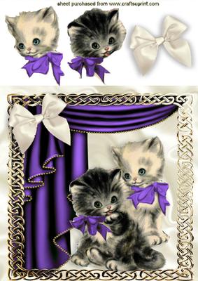 Vintage Kittens in Purple in Ornate Frame with Drapes