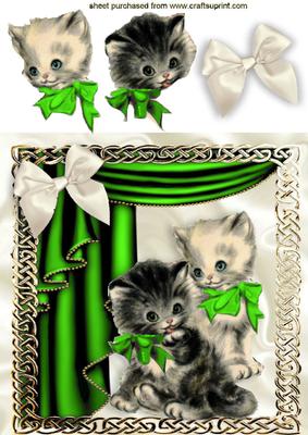 Vintage Kittens in Green Ornate Frame with Drapes