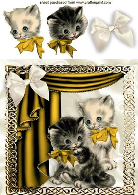Vintage Kittens in Gold Ornate Frame with Drapes