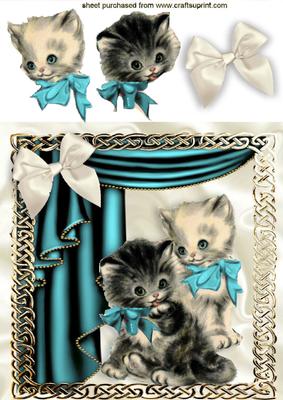 Vintage Kittens in Turq Ornate Frame with Drapes