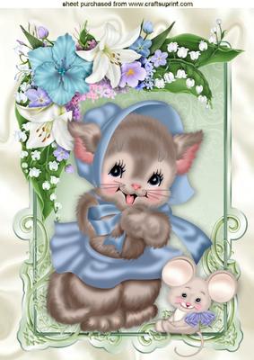 Little Kitty with Cute Mouse in Flower Frame A4