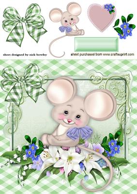 Cute Little Mouse in Flower Frame with Gingham Bow