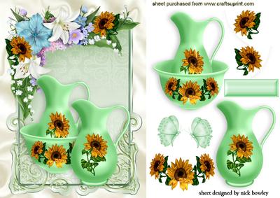 Pretty Green Basin and Pitcher with Sunflowers in Frame