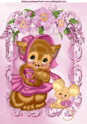 Cute Kitty and Mouse, in Ornate Flower Frame A4