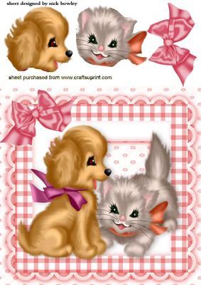 Puppy and Kitten Playing in Gingham Frame with Bow
