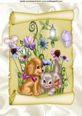 Playful Puppy with Kitten and Little Mouse with Flowers A4