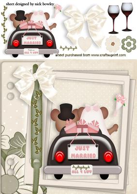 Wedding Teddies in Car in Scrapbook Page with Bow
