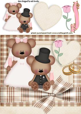 Wedding Teddies with Big Pink Heart in Bow Frame