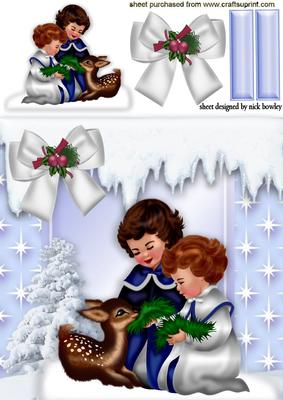 Little Girls with Deer in the Snow with Bow