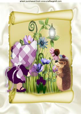 Cute Little Bonnet Girl with Hedgehog and Flowers A4