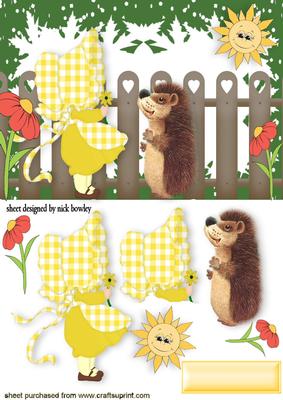 Sunny Bonnet Girl in Yellow with Sunshine and Hedgehog