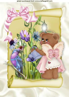 Fairy Teddy with Little Bird on a Scroll of Flowers A4