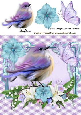 Sweet Little Lilac Bird with Butterflies and Flowers