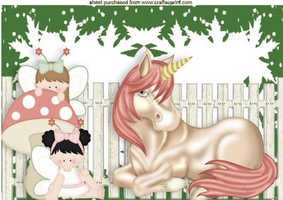 Unicorn and Playful Faeries with Mushrooms A4
