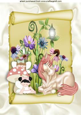 Unicorn and Faeries on a Scroll of Flowers A4