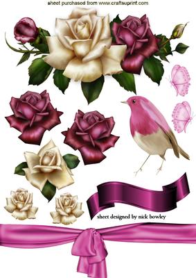 Gorgeous Red and Cream Roses and Bird Scrapbook Elements A4