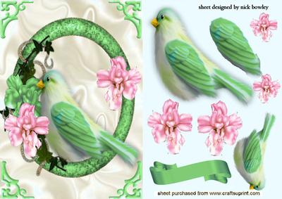 Pretty Green Bird in Ring of Flowers