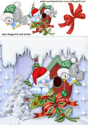 Cute Little Birds in the Snow with Santa Hats On