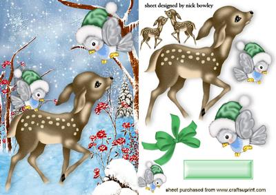 Cute Little Deer in the Snow with Little Birds