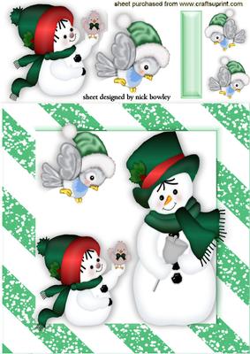 Cute Little Snowman with Daddy and Little Bird