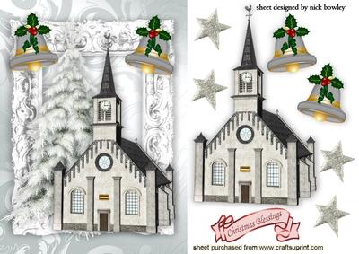 Church in the Snow with Christmas Bells and Stars