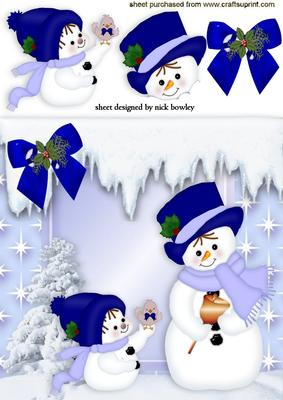 Cute Little Snowmen with Little Bird in Snow Scene