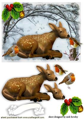 Cute Deer with Robins in the Snow