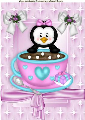 Cute Little Penguin with Teacup in Star Frame A4