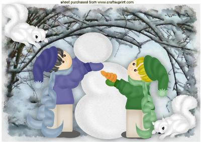 Little Boys Making a Snowman with Cheeky Squirrels A4