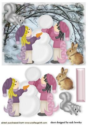 Little Snow Girls Making a Snowman with Furry Friends