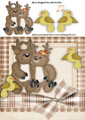 Cute Reindeers with Little Birds and Bow