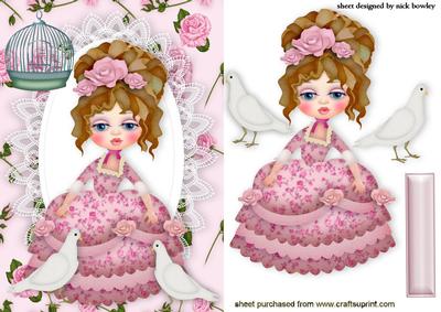 Vintage Lady with Birdcage on Doves in Floral Frame