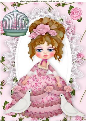 Vintage Lady with Doves and Birdcage in Floral Frame A4