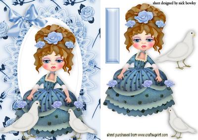 Pretty in Blue Lady with Doves and Roses